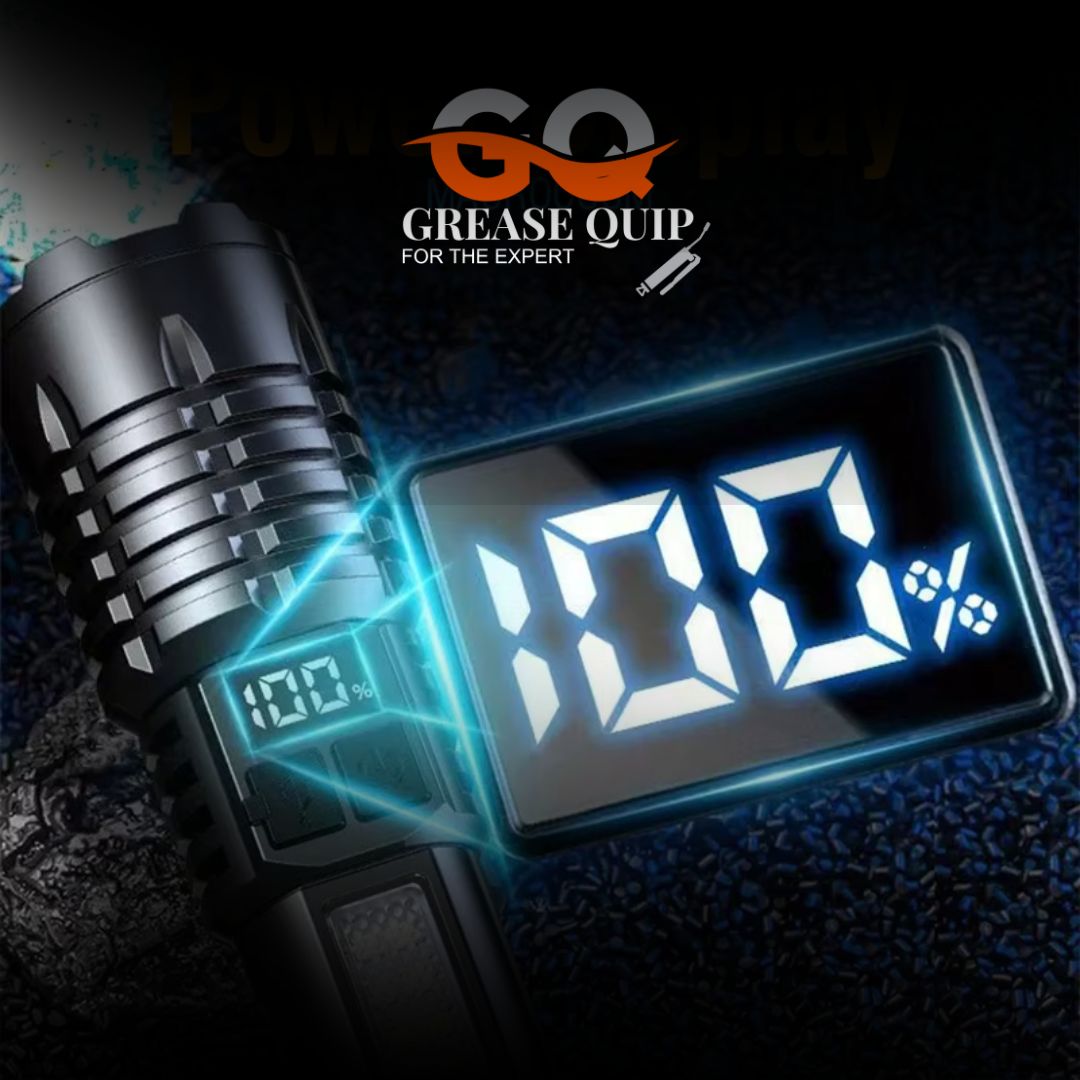 High Power LED Flashlight with digital display showing 100% charge.