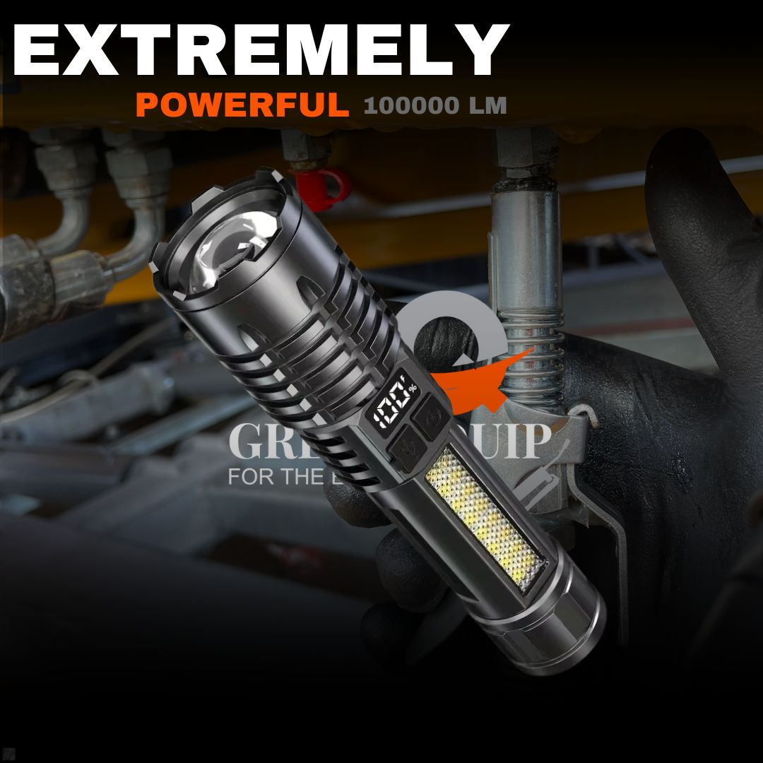 High Power LED Flashlight with 100,000 lumens for extreme brightness and long beam distance.