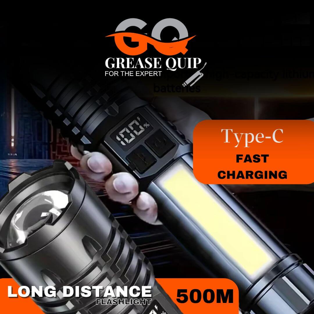 High Power LED Flashlight with long beam distance, ergonomic design, and fast Type-C charging.