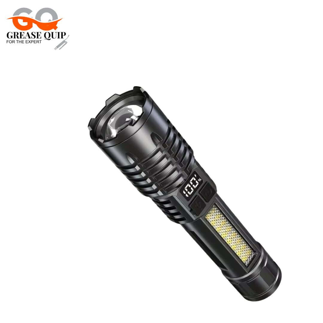 High Power LED Flashlight with 100,000 lumens, ergonomic design, and rugged durability for outdoor and emergency use.