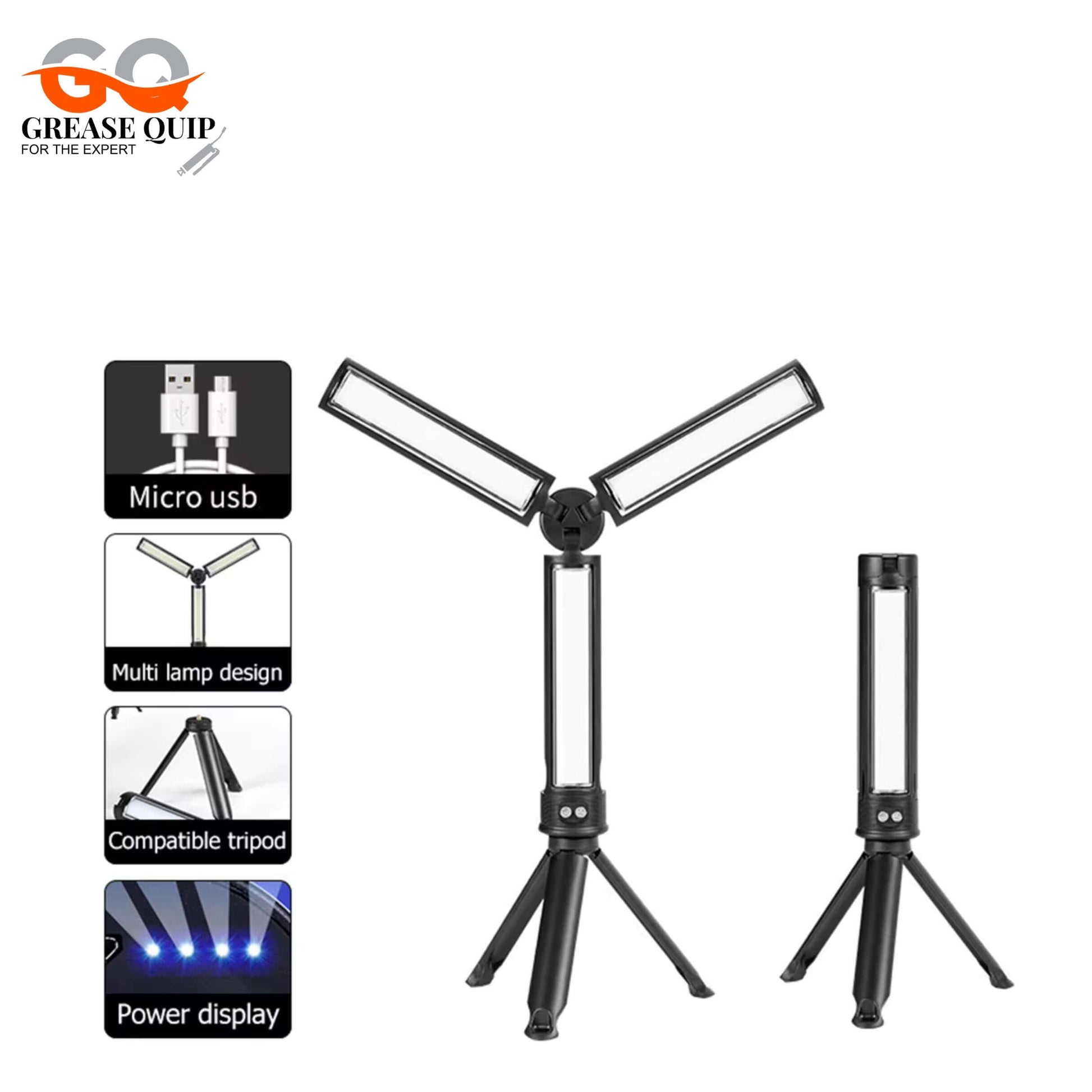 Portable LED Inspection Lamp with adjustable tripod and power display, ideal for automotive and construction use.