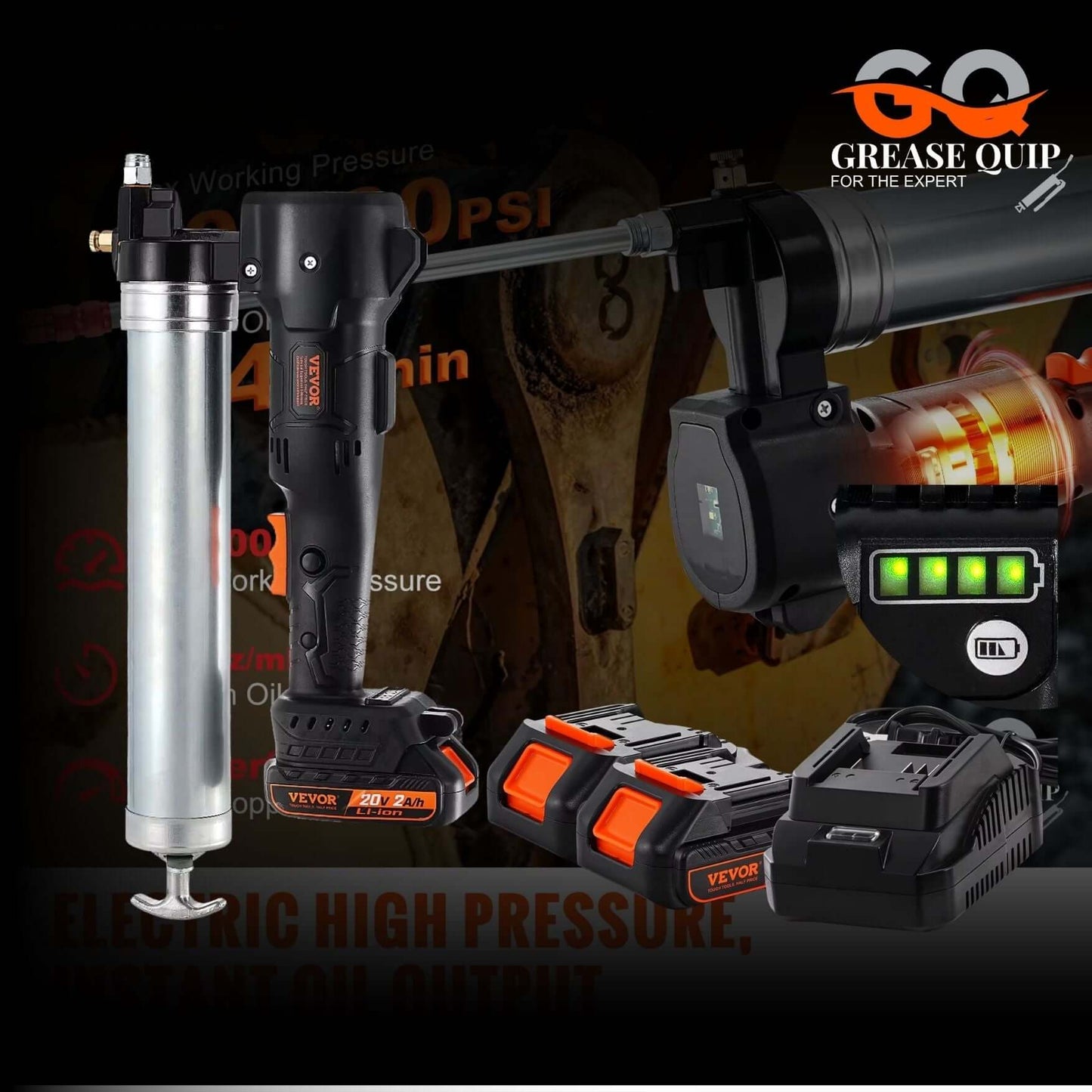 Cordless electric grease gun with rechargeable batteries and LED light.