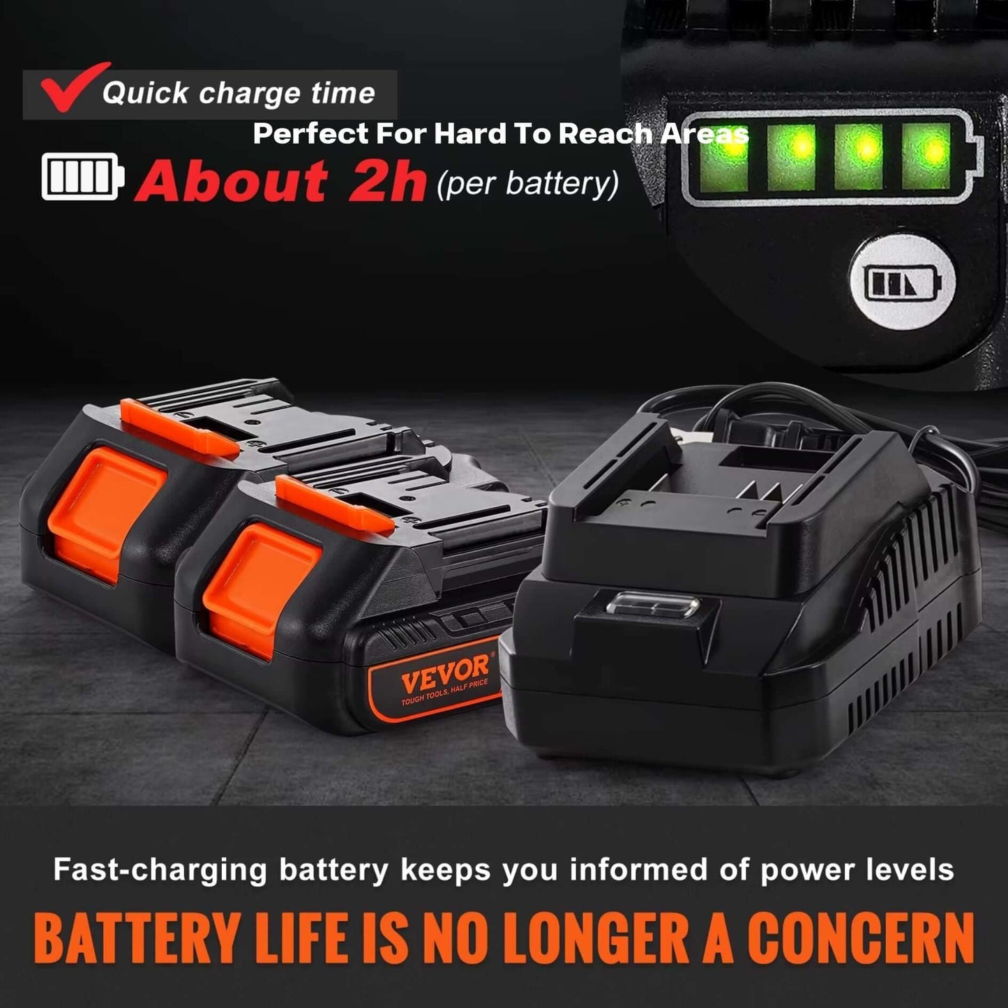 Fast-charging batteries for VEVOR cordless electric grease gun with 2-hour runtime.