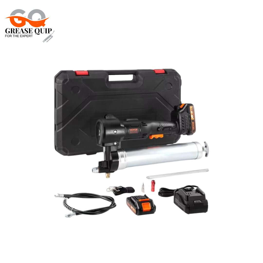 Cordless electric grease gun with carrying case, rechargeable batteries, and flexible hose for efficient lubrication.