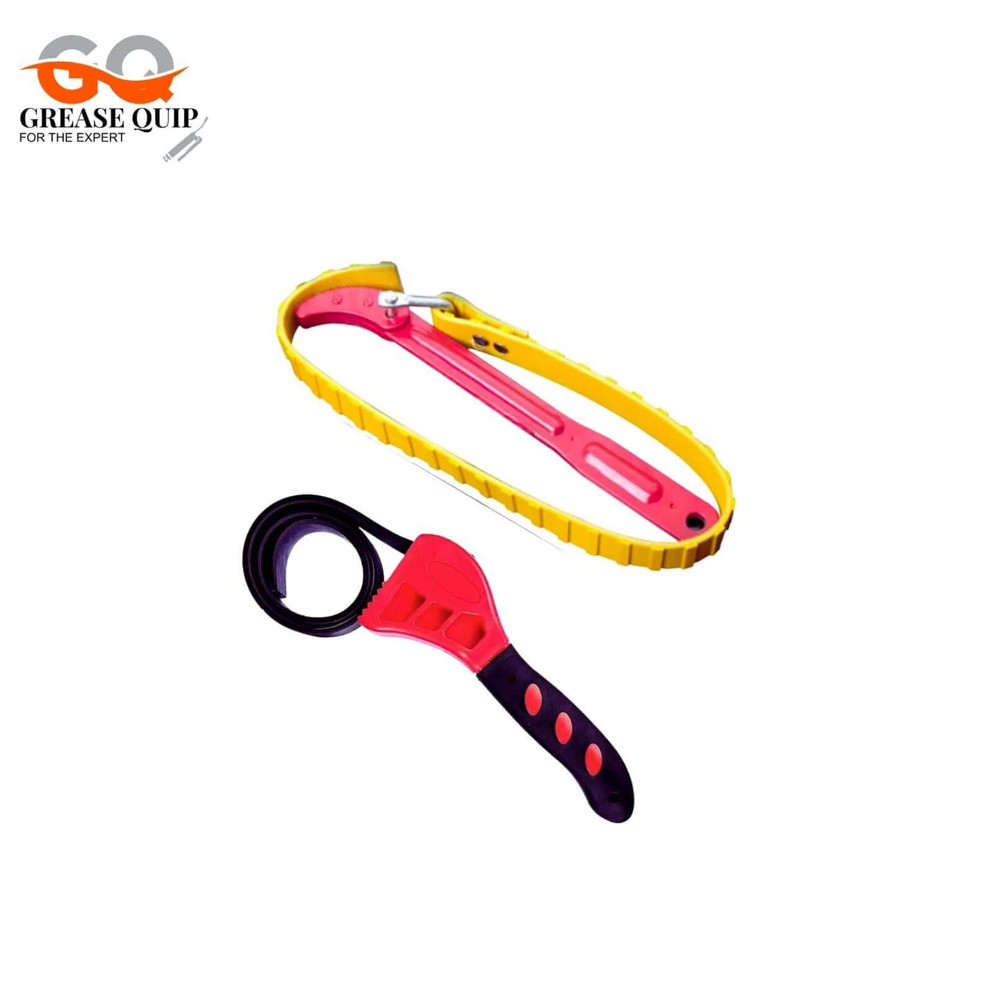 Oil filter wrench with adjustable strap, durable red steel handle.