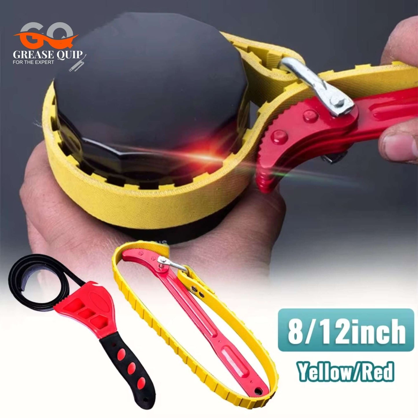 Oil filter wrench with adjustable strap for efficient filter removal, shown in red and yellow versions, suitable for 8/12 inch sizes.