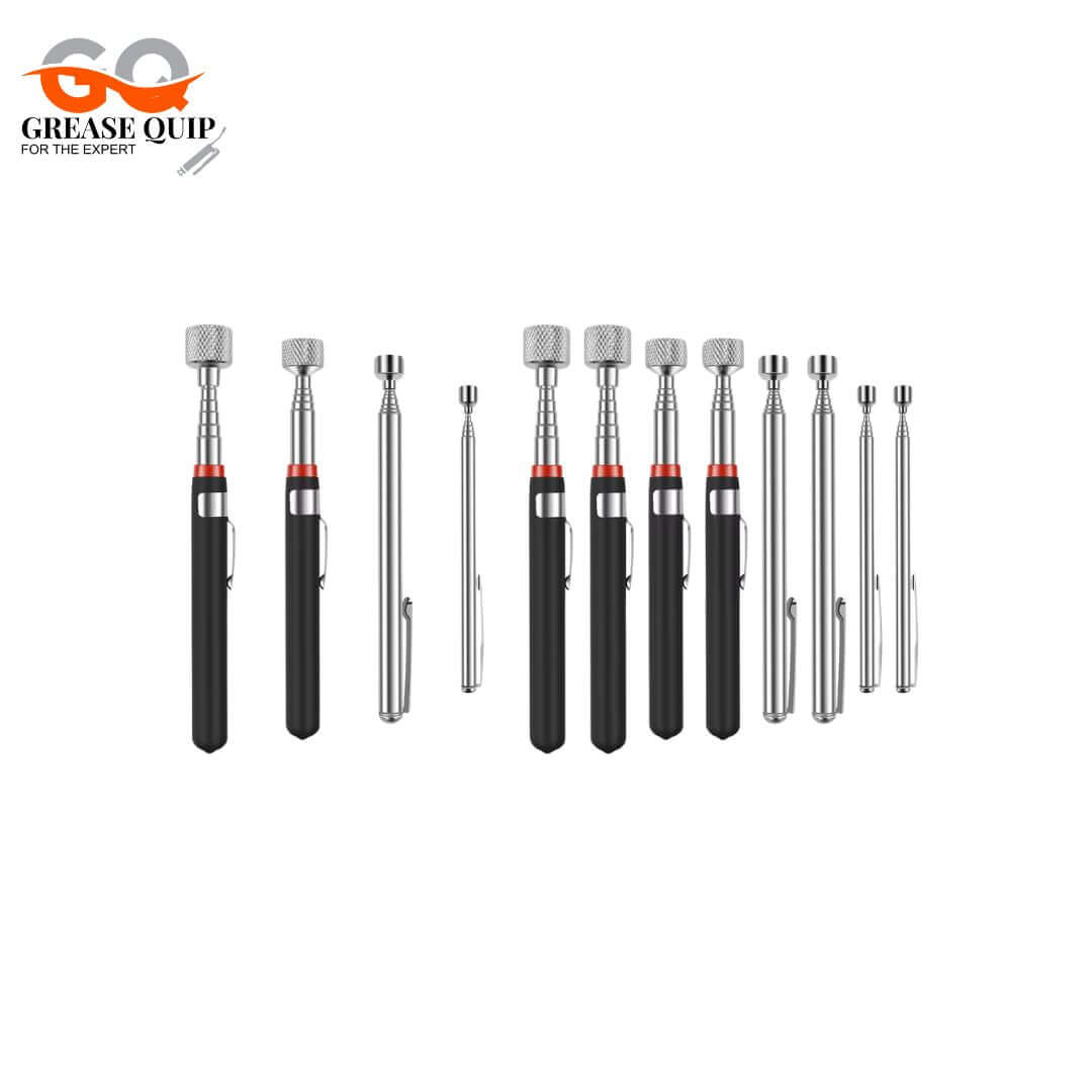 Telescopic magnetic pickup tool set with various extendable lengths and weight capacities for retrieving metal items.