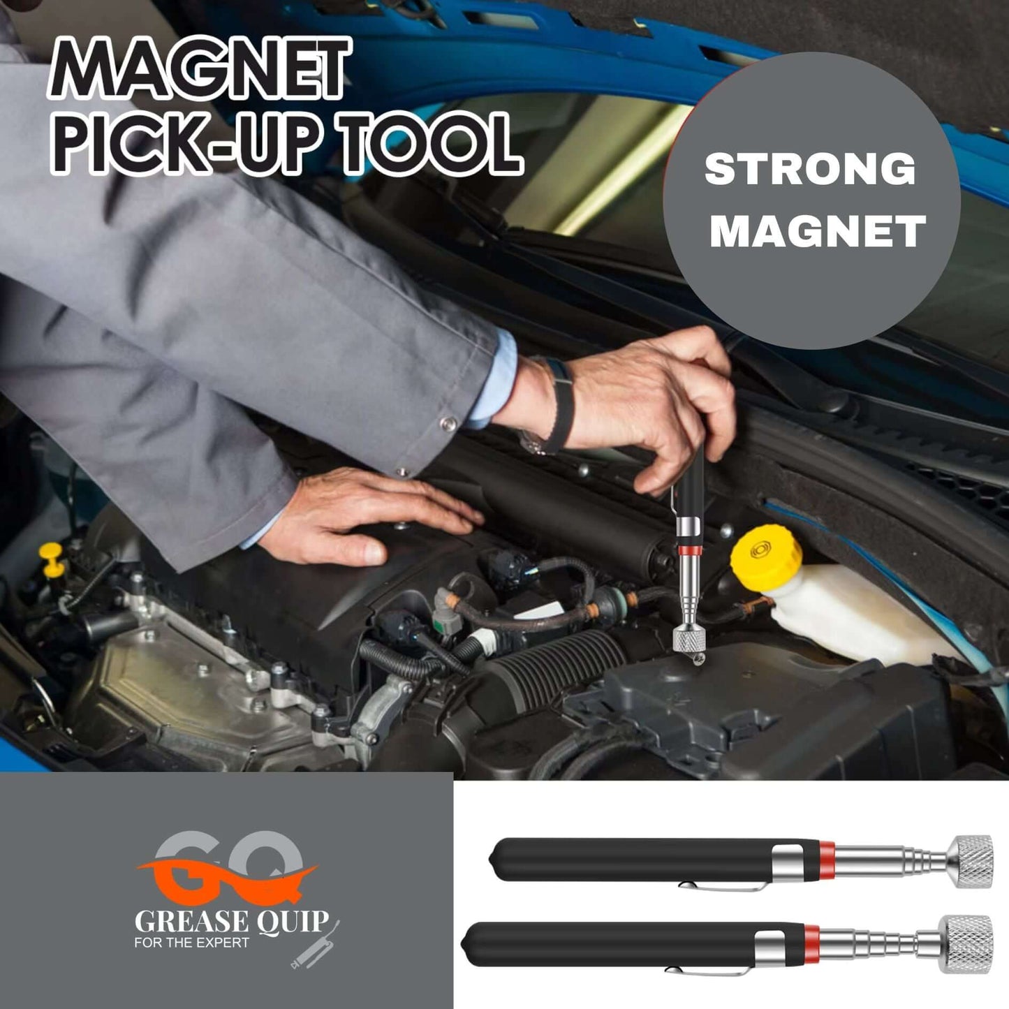 Telescopic magnetic pickup tool retrieving metal part in car engine.