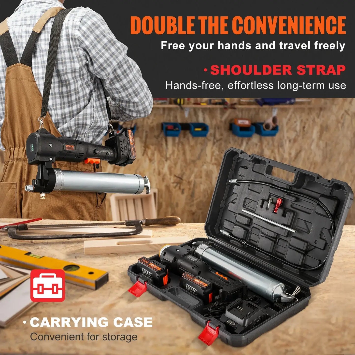 Cordless electric grease gun with carrying case and shoulder strap for convenience.