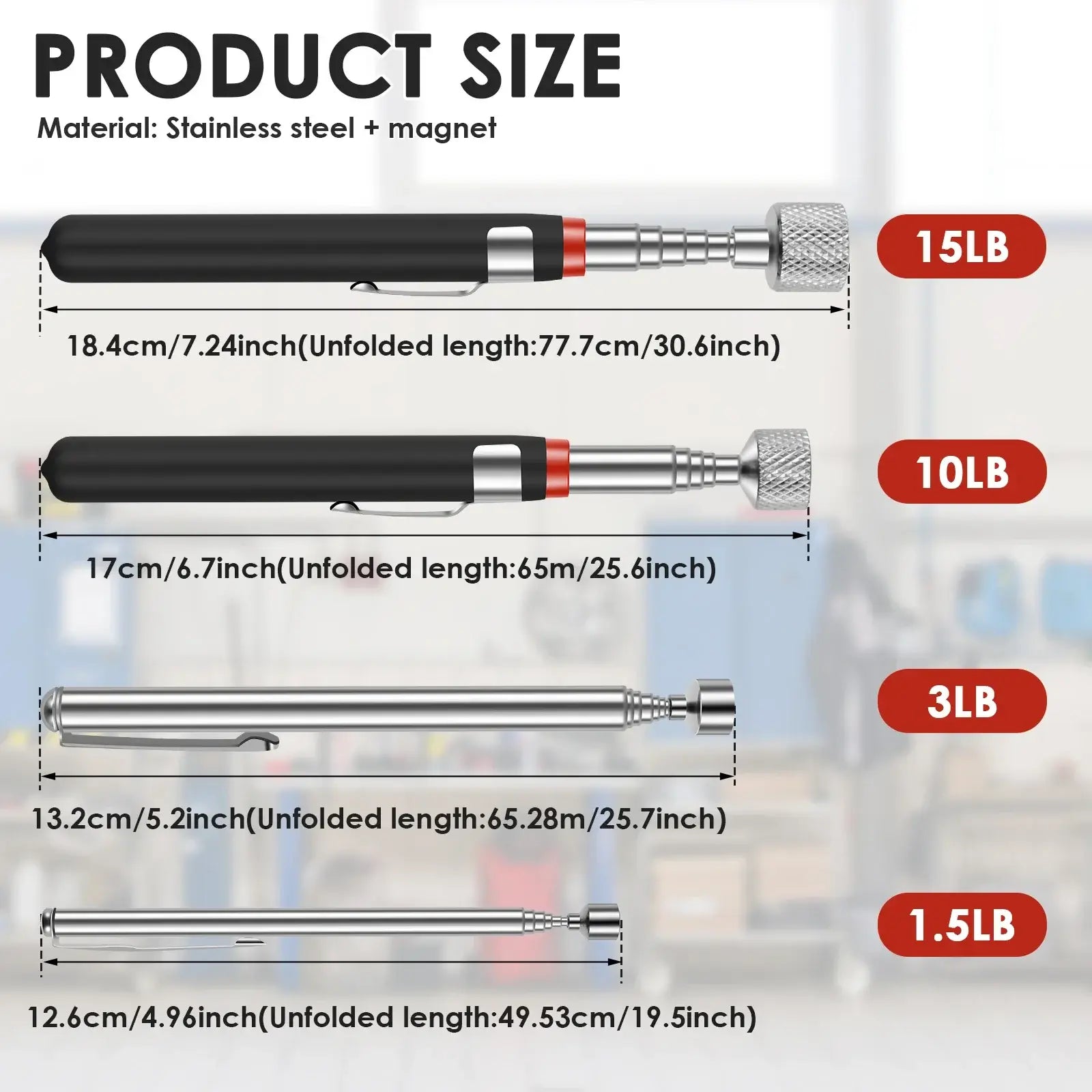 Telescopic magnetic pickup tool kit with stainless steel construction, multiple weight capacities, and extendable lengths up to 30.6 inches, for retrieving metal items.