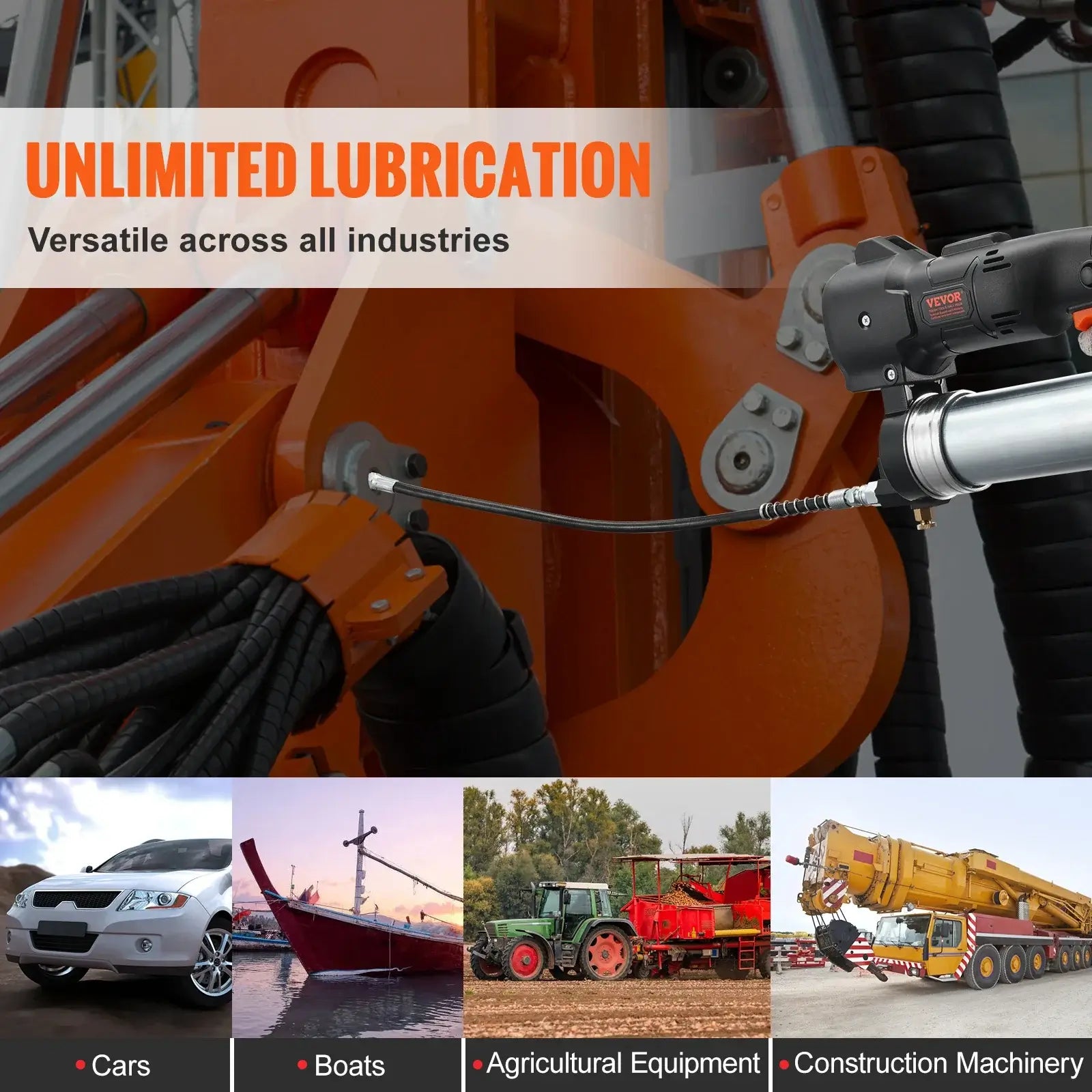 Cordless electric grease gun for versatile lubrication across industries, suitable for cars, boats, and agricultural equipment.