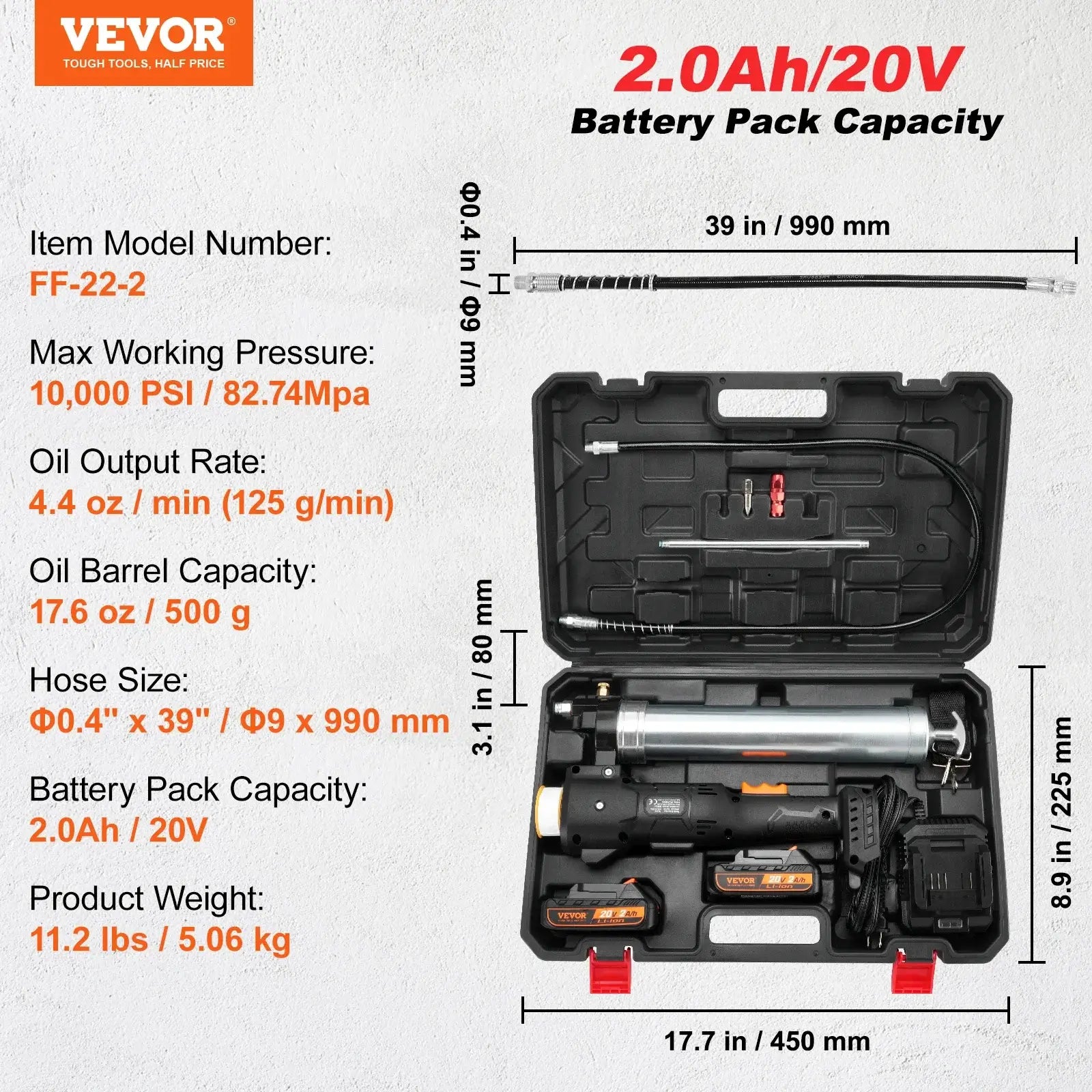 Cordless electric grease gun with 10,000 PSI, 20V batteries, and ergonomic design in carrying case.