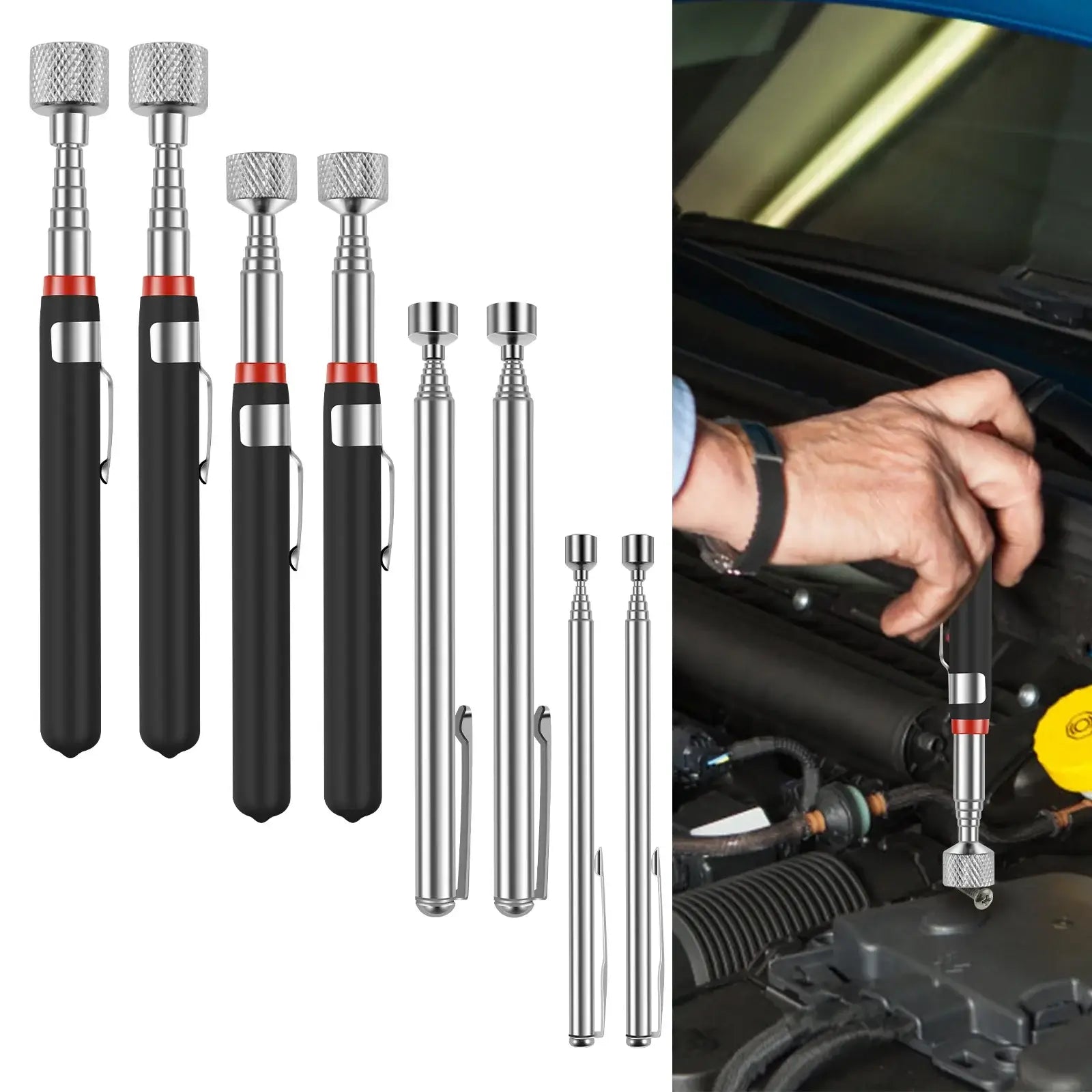 Telescopic magnetic pickup tool set used for retrieving small metal items in automotive maintenance.