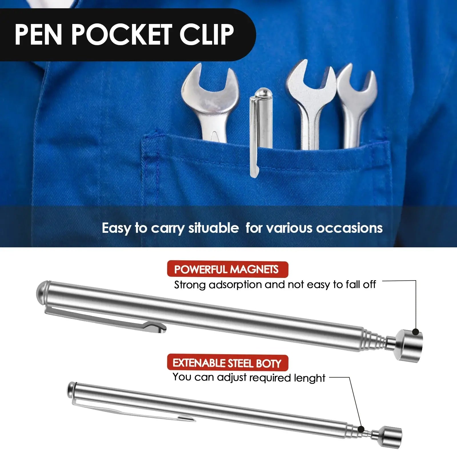 Telescopic magnetic pickup tool with pocket clip and extendable steel body for easy metal retrieval.