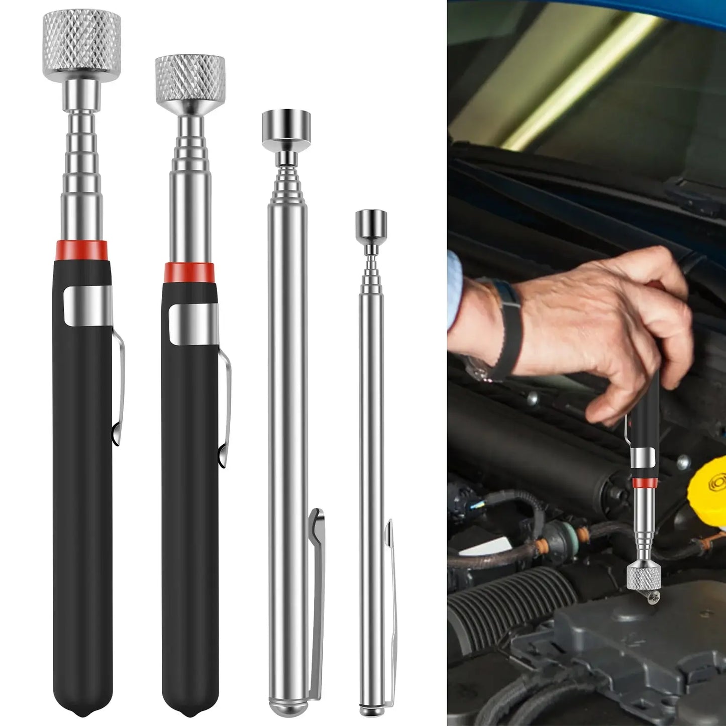 Telescopic magnetic pickup tool set with varying capacities, ideal for retrieving metal items in tight spaces.