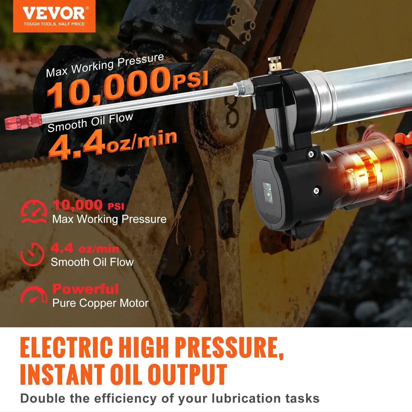 VEVOR Cordless Electric Grease Gun with 10,000 PSI pressure and 4.4 oz/min output for efficient lubrication.