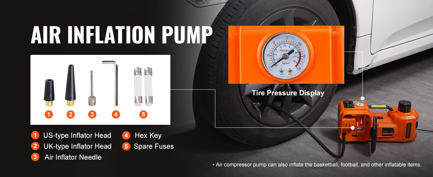 Air inflation pump with pressure display and various inflator heads.