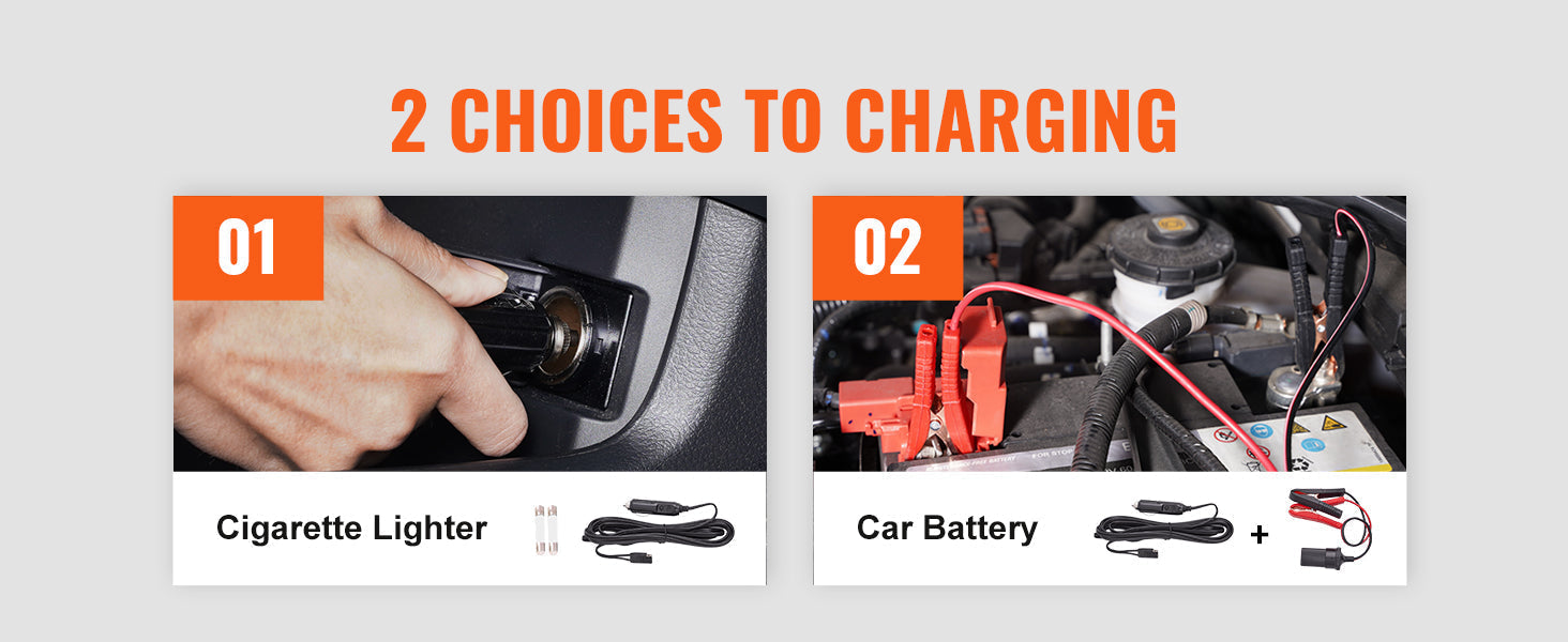 VEVOR 5 Ton Electric Car Jack charging options: cigarette lighter and car battery.