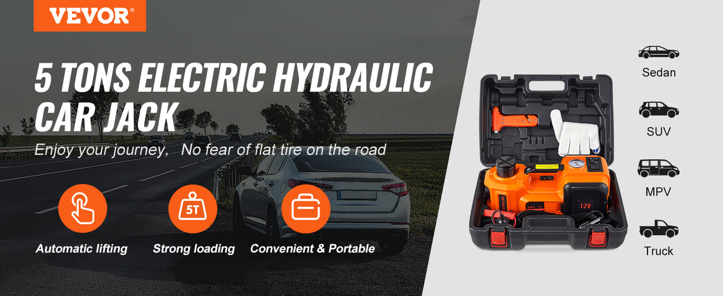 VEVOR 5 Ton Electric Hydraulic Car Jack with lifting and inflating features, suitable for sedans, SUVs, trucks.