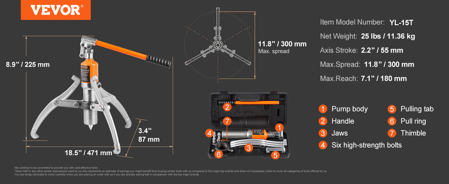 VEVOR 5/15 Ton Hydraulic Puller